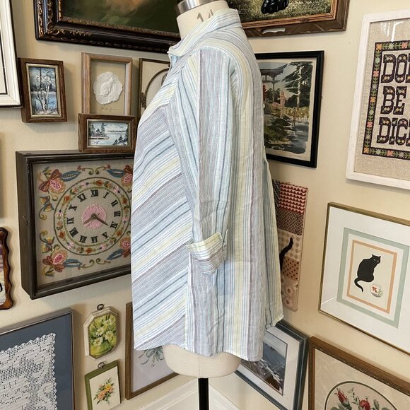 Chicos No-Iron 100% Linen Blue White Green Chevron Striped Button-Up Shirt - Picture 3 of 8